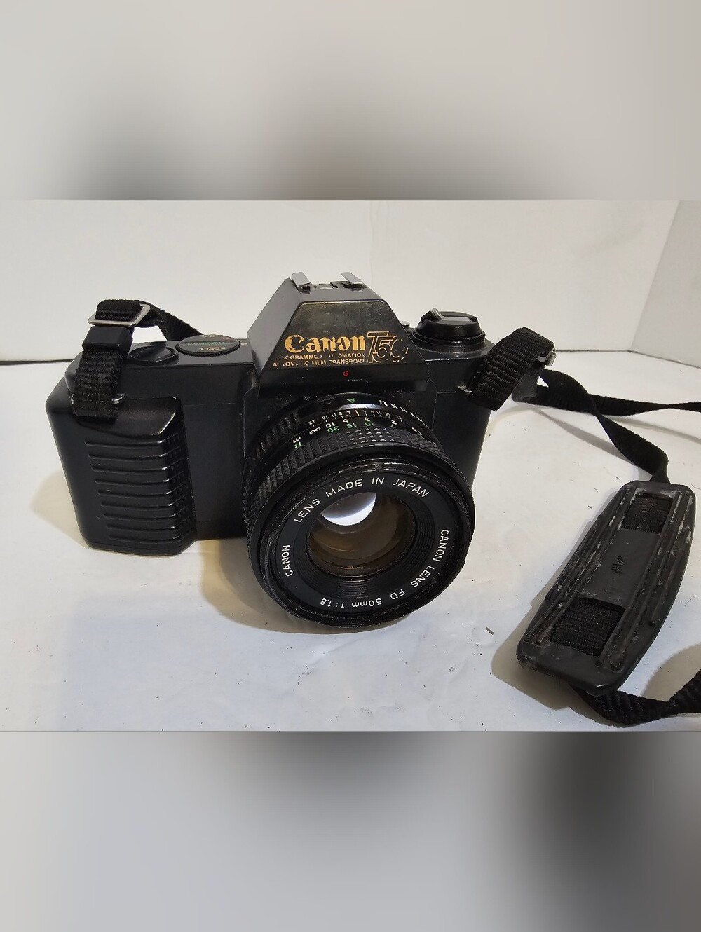 Canon T50 35mm SLR Film Camera Black w/ FD 50mm f/1.8 Lens & Strap / Untested